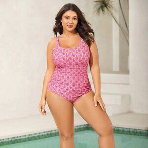 BloomChic 3X (22–24) Peach Geometric Ruched Tummy Control One-Piece Swimsuit NWT